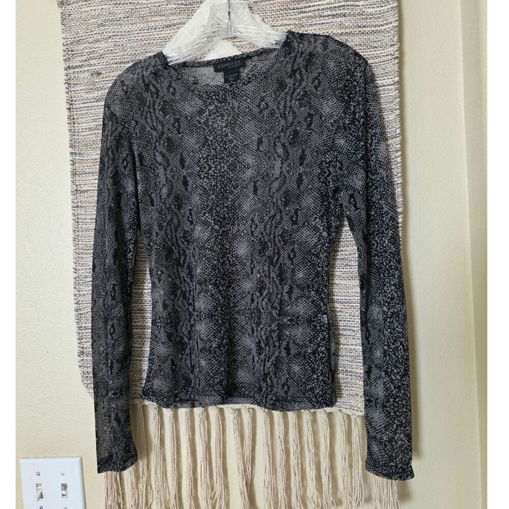 Express Women's Sheer Snake Print Mesh Top Size S Gray Black Long Sleeve Y2K